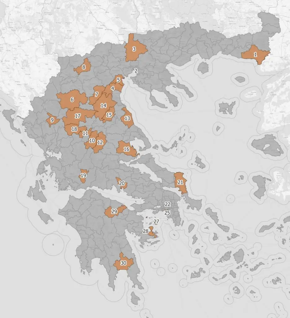 Εικόνα 1: Απόσπασμα χάρτη με τη χωρική κατανομή των υπό εξέταση Δήμων